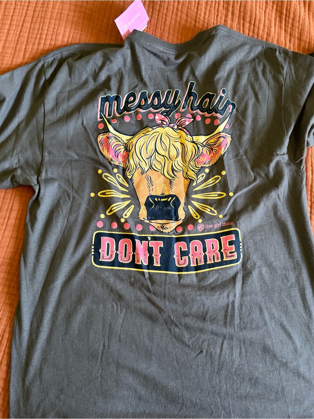 Messy Hair Don’t Care Graphic Tee - Black with Pink & Yellow Art
